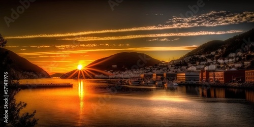 West Norwegian sunset over the water. Bergen's Norwegian coastline. Generative AI