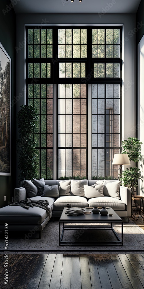 Obraz premium interior of modern living room with a wall filled with windows. Generative AI