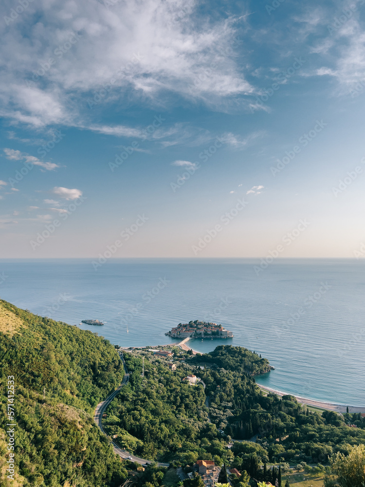 View from the mountain to the island of Sveti Stefan in the sea. Montenegro