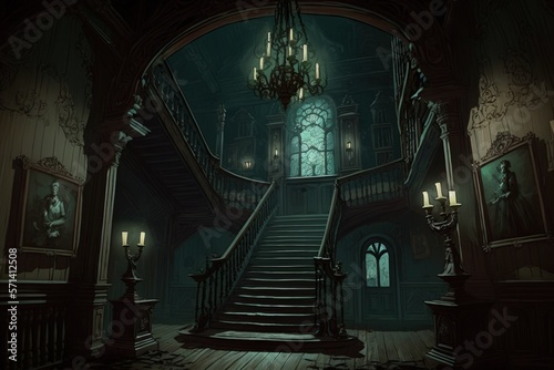 Illustration of the interior of a haunted mansion. Generative AI