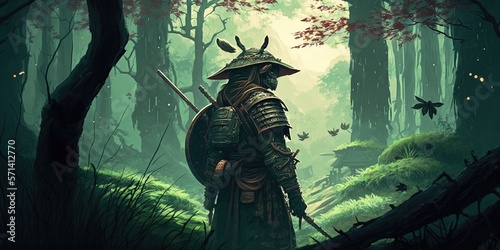 Japanese samurai forest digital art landscape wallpaper in the fantasy style. Generative AI