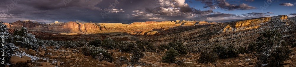 Sweeping View of Capitol Reef With Light Snow at Sunset Panorama