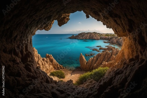 From the tiny cave on the rock, a stunning summer view of Caccia Cape may be seen. Beautiful early morning view of the Italian island of Sardinia. aerial view of the Mediterranean Sea. Background of t