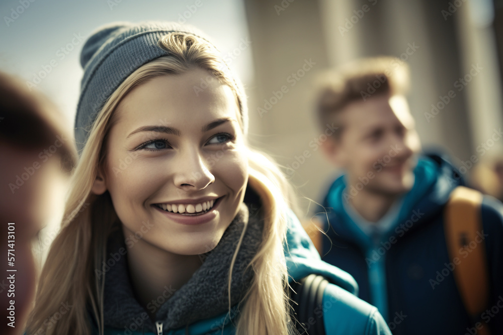 Portrait a cheerful woman in a college campus, university, studies, friends, generative ai
Portrait a cheerful woman in a college campus, university, studies, friends, generative ai