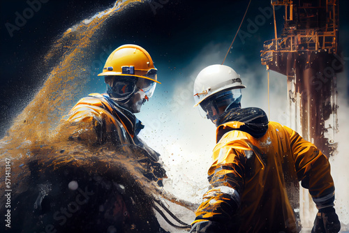 Elimination of an accident at an oil producing enterprise, workers in oil-stained overalls clean up a leak photo