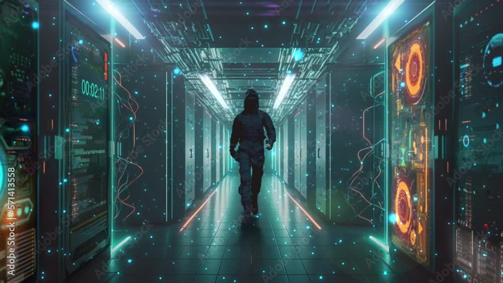 Slow motion. Featuring a man in a sleek black hooded suit, walking down the hallway of a futuristic server room, this video brings the concept of hacking to life.