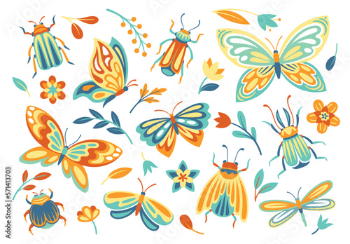 Set of colorful insect icons. Cartoon flat vector collection isolated on white background