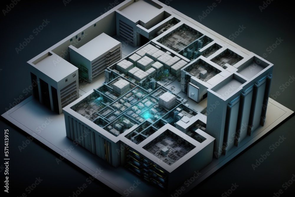 View from above of a modern data center, supercomputer, and server room. Generative AI View from above of a modern data center, supercomputer, and server room. Generative AI