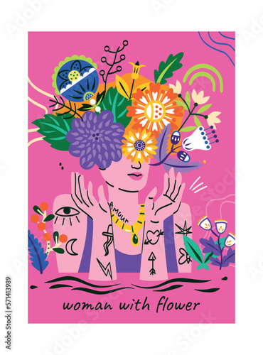 Beautiful bright spring poster. Pink poster with portrait of girl with hairstyle of blooming flowers, organic plants, branches and leaves. Cartoon flat vector illustration isolated on white background