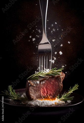 Beef steak and fork on dark background Generative AI