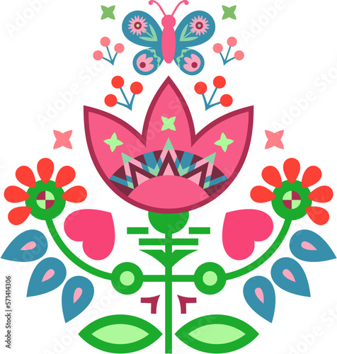 Artsy folk stylized flowers with butterflies, leaves, hearts, berries, other nature's elements and shapes in Scandinavian style. Isolated elements for paper, textile prints and digital realm projects.
