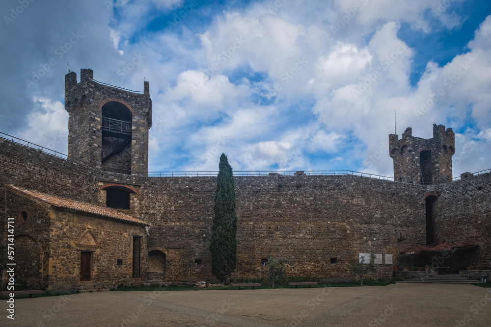 Courtyard of Montalcino Fortress in Tuscany, Italy. The fortress was built in 1361 atop the highest point of the town. October 2022