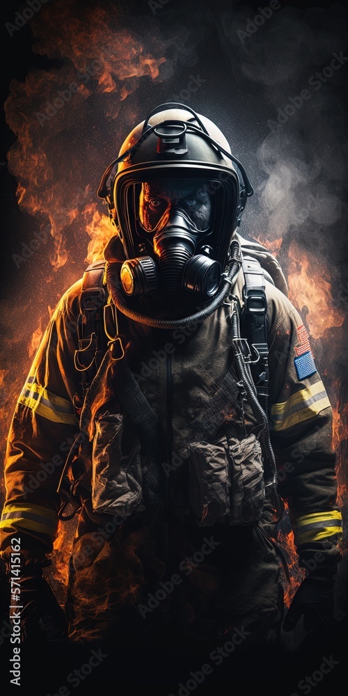 Fototapeta premium Firefighter fighting with fire flame protection property. Fireman wear hard hat, body safe suit uniform for protection from fire operation. Rescue trained in fire fighting extinguisher hazardous fires
