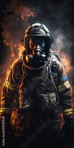 Firefighter fighting with fire flame protection property. Fireman wear hard hat, body safe suit uniform for protection from fire operation. Rescue trained in fire fighting extinguisher hazardous fires © 2rogan