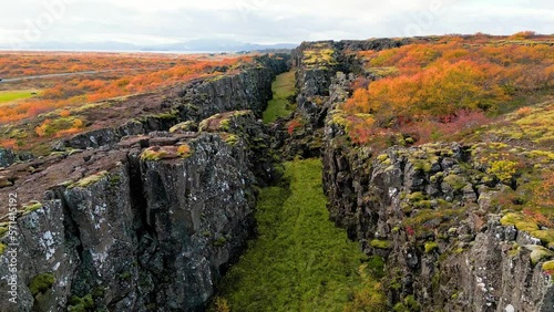 Aerial view of two tectonic plates meeting in Thingvellir National Park, Iceland