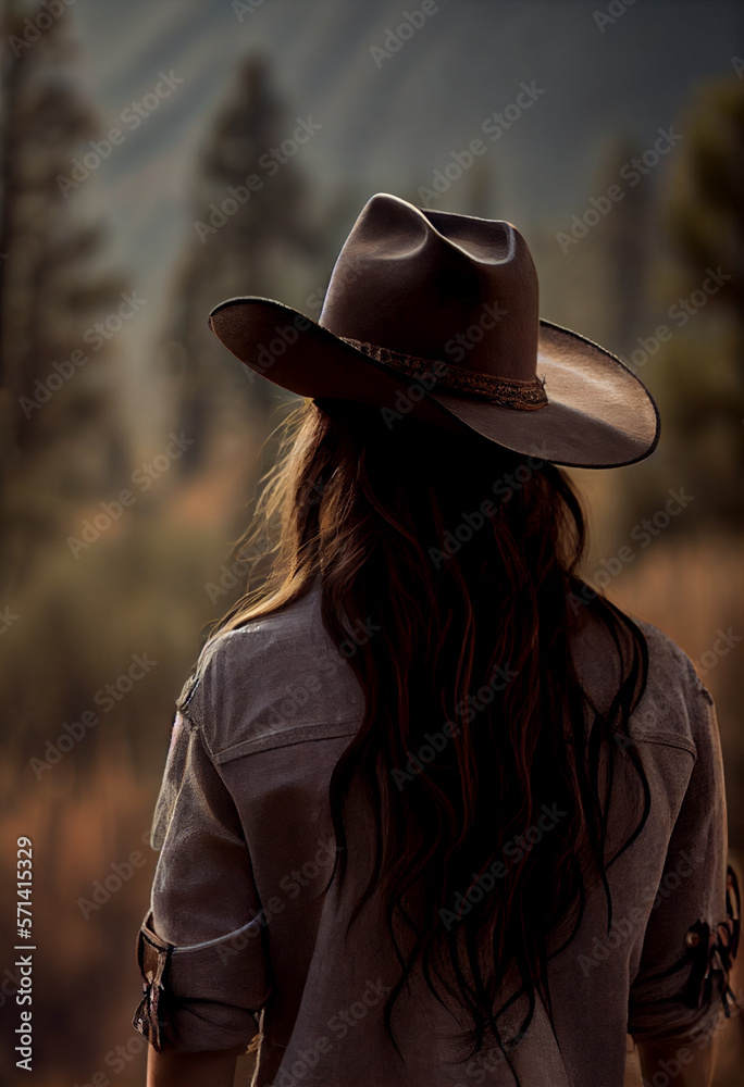 Woman farmer in cowboy hat at agricultural field on sunset. Rear view Woman farmer in cowboy hat at agricultural field on sunset. Rear view