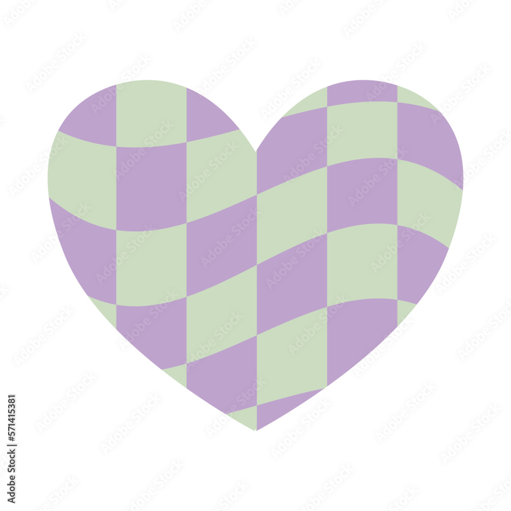 Vector purple green groovy checkered chess board texture heart isolated on white background Vector purple green groovy checkered chess board texture heart isolated on white background