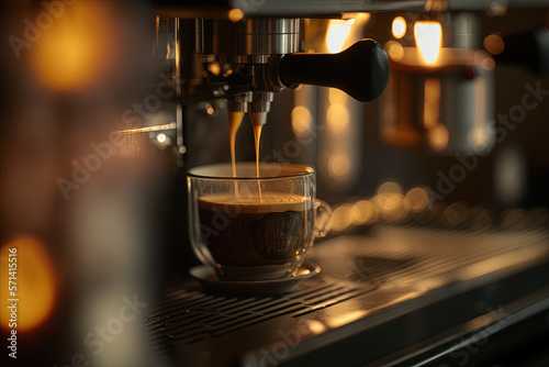 A close up image of the automatically working coffee machines Flowing coffee into a coffee cup that is getting ready to serve The entire shop is filled with coffee scent, and the atmosphere is cozy