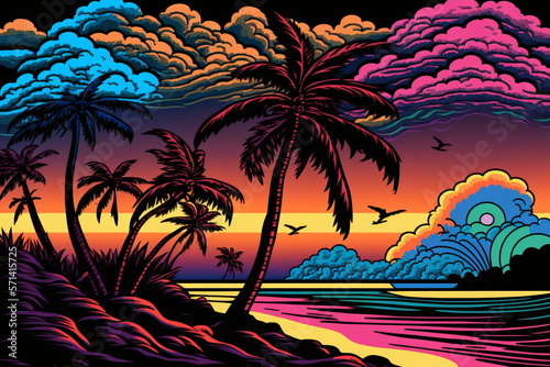Bunter Sonnenuntergang am Meer - Psychedelisch, Kunst mit KI erstellt 