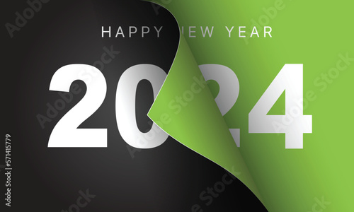 Happy New Year 2024 greeting card design template. End of 2023 and beginning of 2024. The concept of the beginning of the New Year. The calendar page turns over and the new year begins. photo