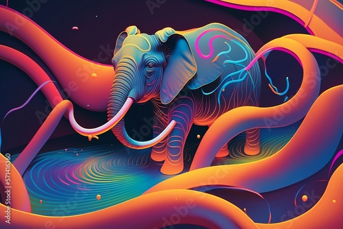 An illustrated elephant surrounded by curves in a sea of neon liquid.