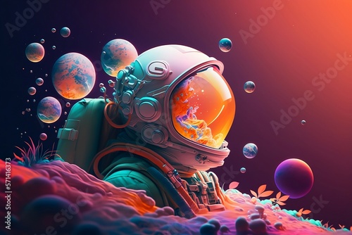 An illustrated astronaut that explores a surreal universe full of planets with curved shapes and pastel colors.