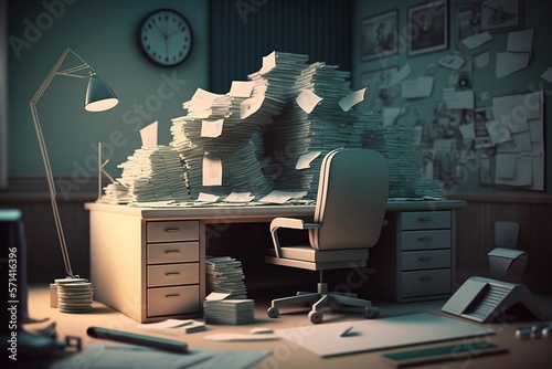 Surreal scene of an office with a desk full of documents