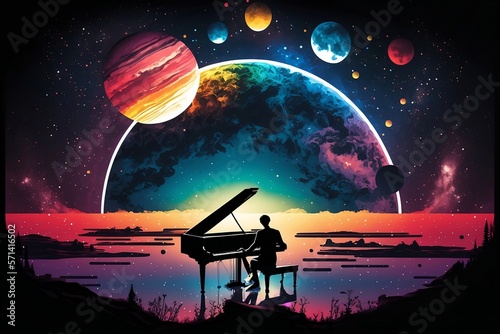 A person playing a colorful piano in the middle of a cosmic landscape.