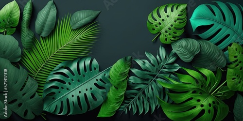 Innovative layout of tropical green leaves with copy space. Spring in nature idea. Lay flat. Generative AI