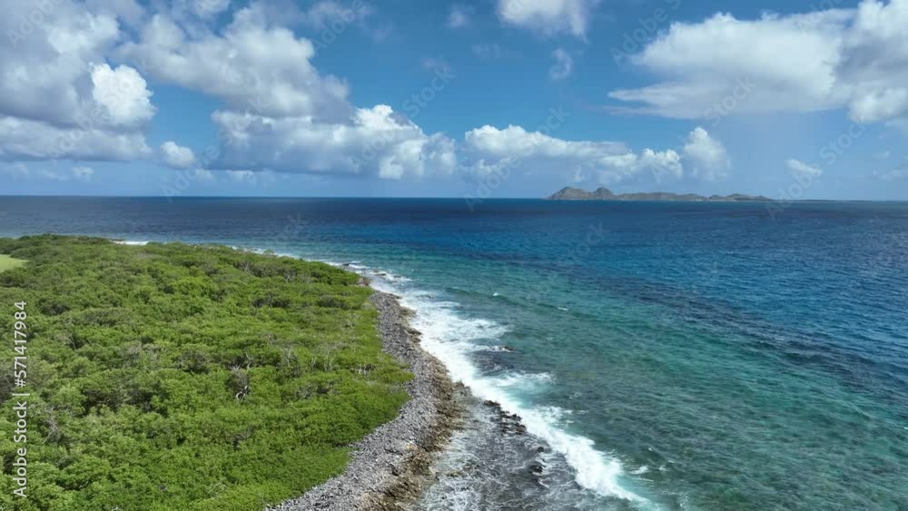 Aerial panoramic view of coast of Noronqui also known as Noronky island in Los Roques Archipelago, Venezuela.