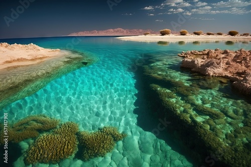 The Red Sea s clear water and a deserted shore. Generative AI
