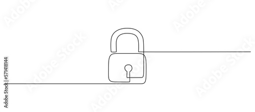 One continuous line drawing of padlock. Outline symbol password lock and security privacy safety concept in simple linear style. Secret icon in editable stroke. Contour vector illustration