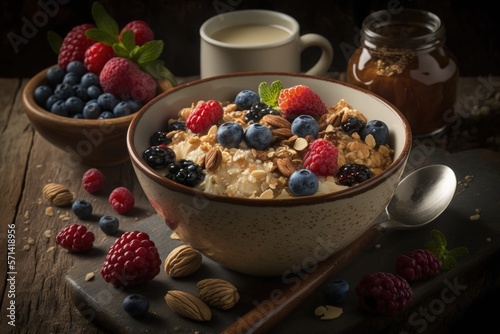 Oatmeal with berries and nuts. Generative AI