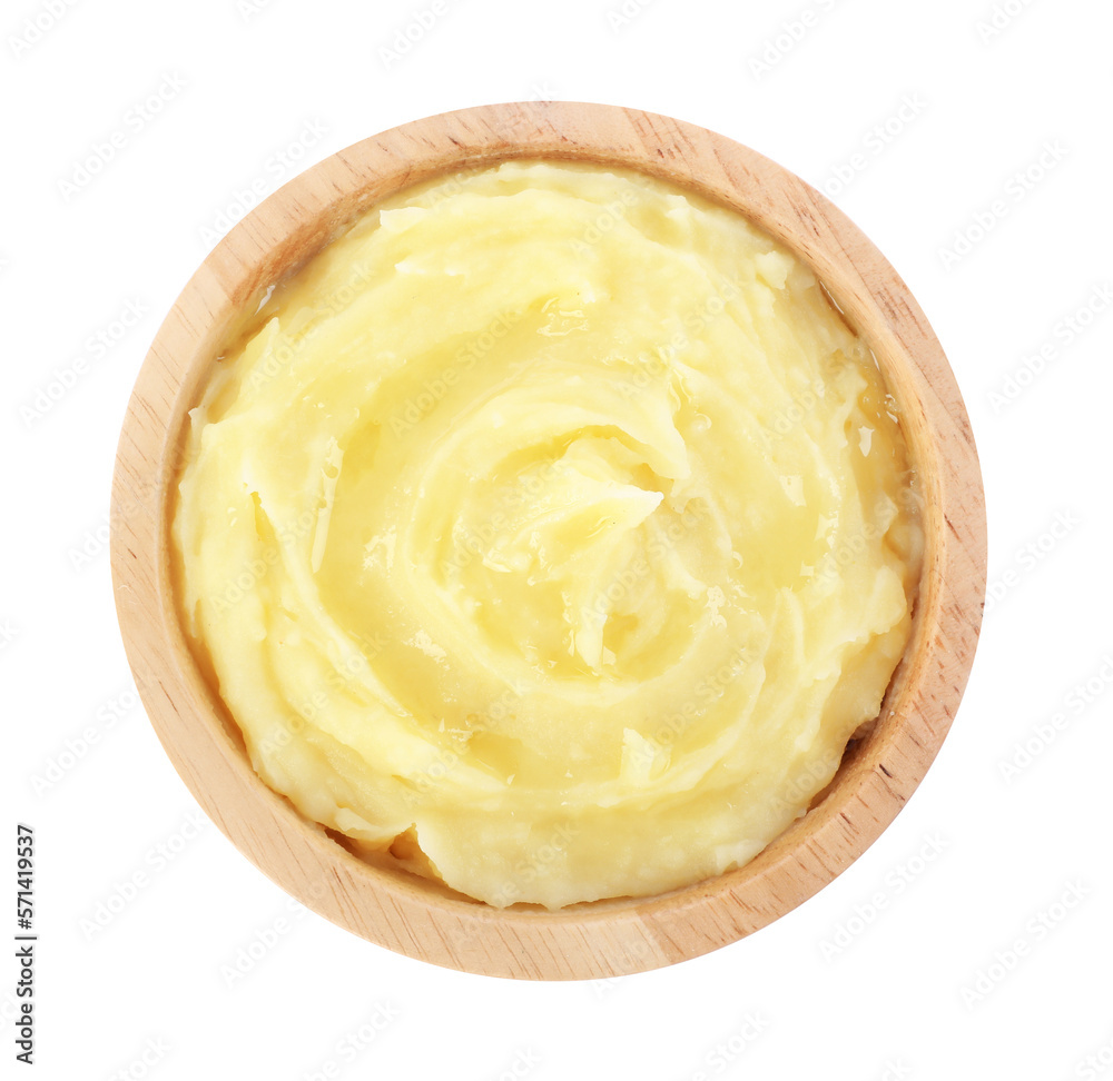 Bowl of tasty mashed potato isolated on white, top view Bowl of tasty mashed potato isolated on white, top view