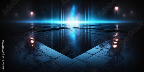 Background of a dramatic  dark  abstract scene. The pavement reflected the neon illumination. fog  haze  and smoke. Wet asphalt  a dark street  and sunray reflections in the water. a dark blue abstrac