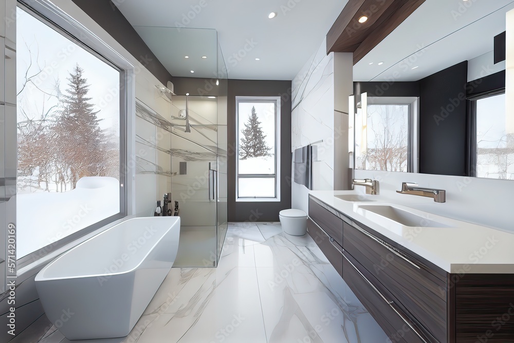 Magnificent modern bathroom with bath and shower in wood and marble, generative AI Magnificent modern bathroom with bath and shower in wood and marble, generative AI