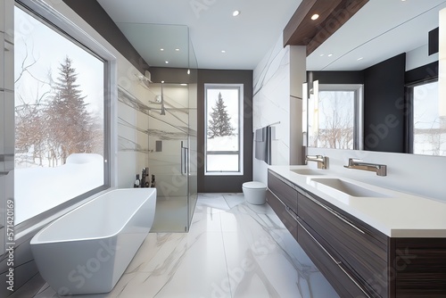 Magnificent modern bathroom with bath and shower in wood and marble  generative AI