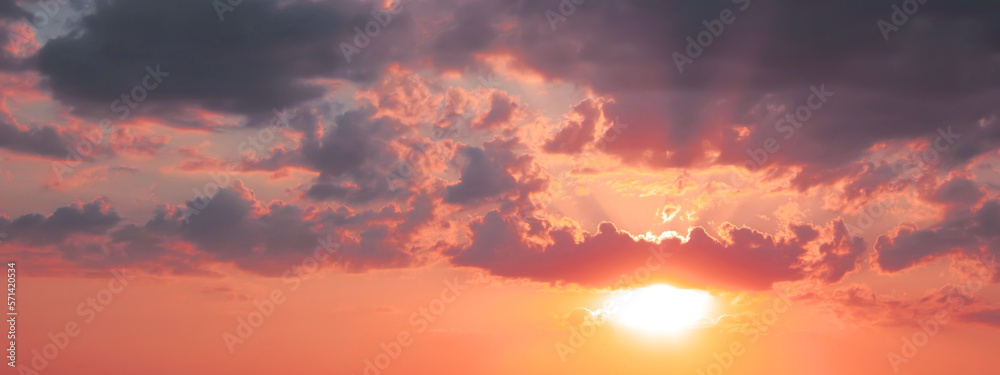 Beautiful panorama of sky with clouds at sunset. Banner design