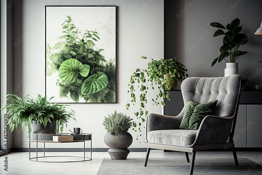 comfortable grey armchair near coffee table with green plants and frame in modern living room. Generative AI
