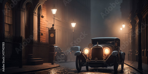 Illustration of red vintage car on the cobble stone street, historic European cityscape with misty environment, AI-generated image. © SNEHIT PHOTO