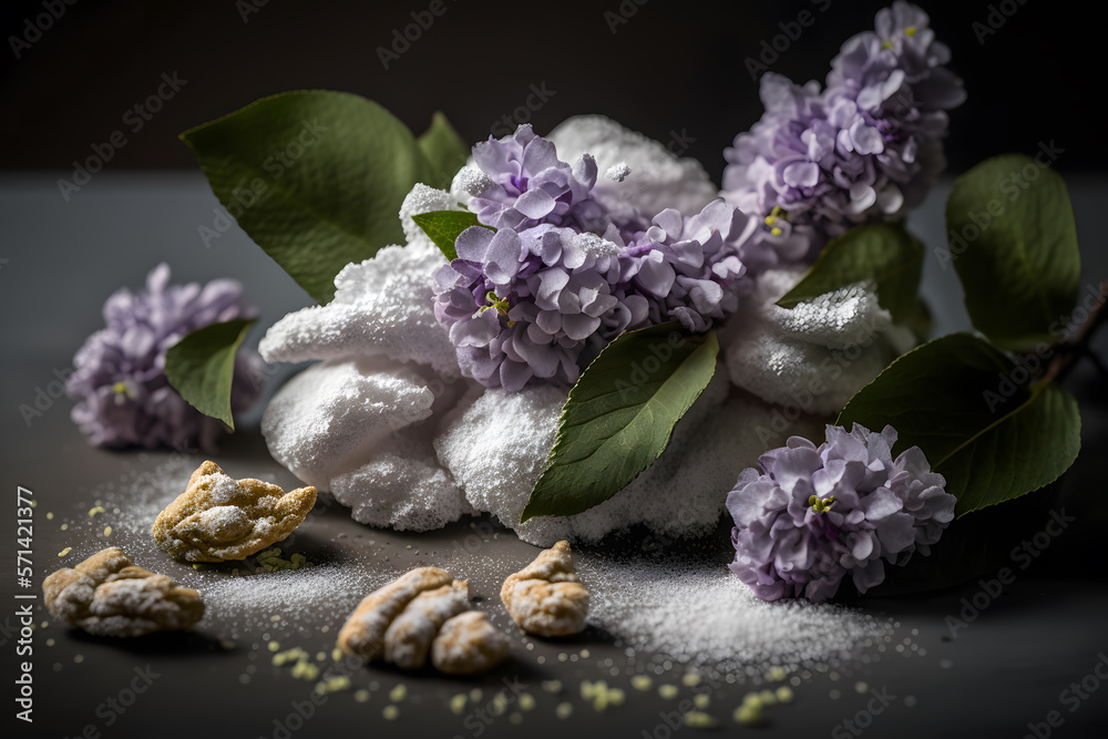 Homemade and tasty fried lilac flower with powdered sugar food photography made with Generative AI Homemade and tasty fried lilac flower with powdered sugar food photography made with Generative AI