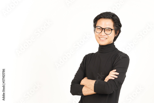 Folding Arms Smiling and Looking at camera Of Handsome Asian Man Isolated On White Background