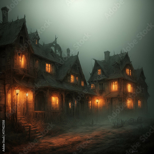A theatrical village with a landscape of fog and darkness, in a horror style - generative AI