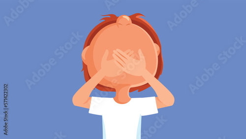 Little Boy Covering His Mouth Feeling Sick Vector Cartoon Illustration. Nauseated little boy feeling ill and about to vomit
