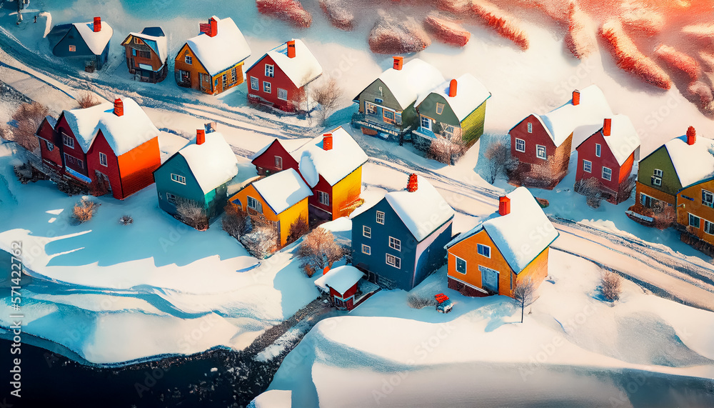 Fototapeta premium Aerial view of colorful Scandinavian homes covered with snow, AI Generated image.