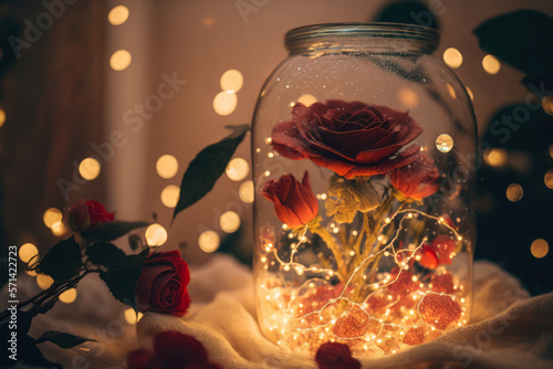 charming red rose in a glass jar  surrounded by fairy lights and bokeh  generative ai