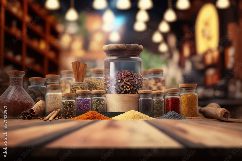 Colorful spices over wooden table. Market as background. Focus on foreground. Generative AI illustration