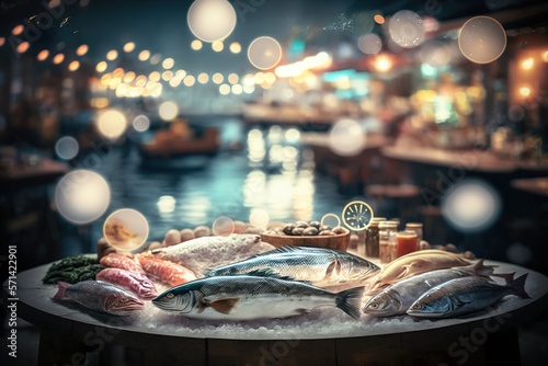 Table with plate full of different varieties of fresh seafood and fishes with night lights of the fish market. Generative AI illustration