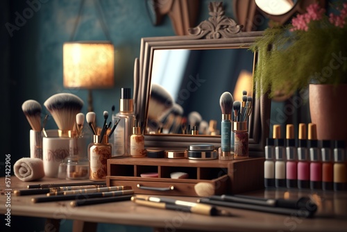 Tableau sur toile Close up image of make up products over wooden table