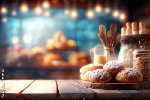 Fresh baked bread in bakery with copy space. Blurred bokeh background. Generative AI illustration
